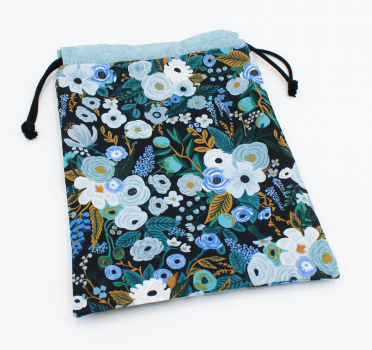 Projektbeutel / Handarbeitsbeutel mit Kordel Garden Party schwarz/blau